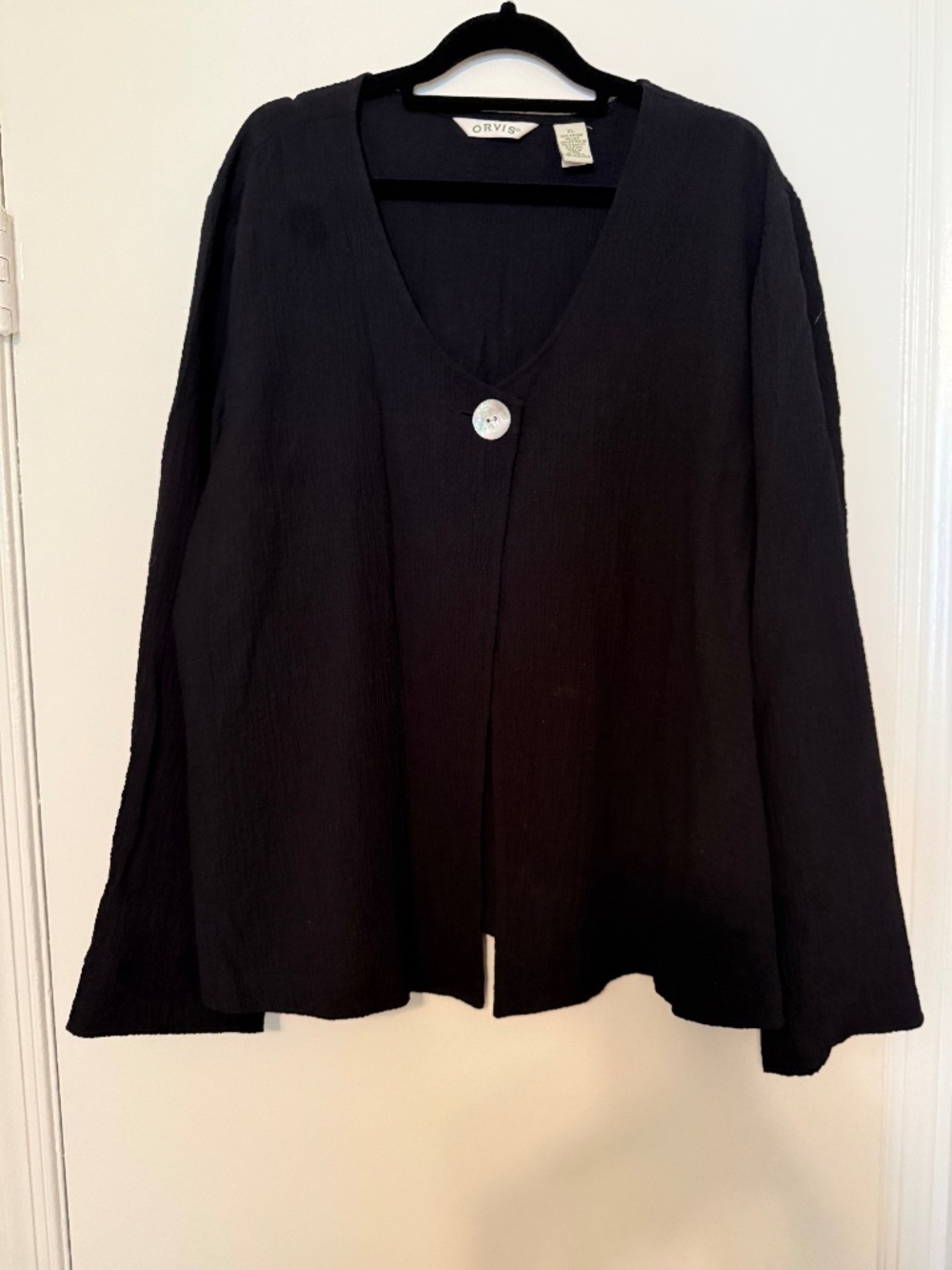 Lightweight Orvis one-button Jacket in black crepe fabric, size XL